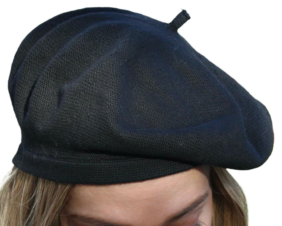 帽子 GDC linen beret black Handmade Black Linen Beret for Summer, French Linen Tam for