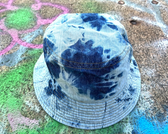 Tie Dyed Denim Bucket Hat: 90s Cotton Sun Hat - Etsy display picture 2
