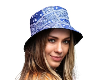 Blue Paisley Bucket Hat, Bandana Print Packable Sun Hat
