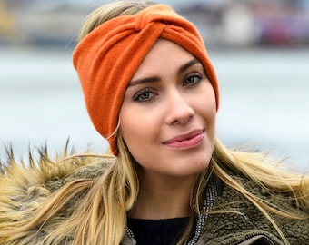 Knit Cashmere Turban Headband: Orange Boho Ear Warmer