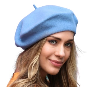 Sky Blue Beret Hat, French Beret, White Wool Beret, 1940s Fashion, Warm Knit Hat, Women&#39;s Gift, Knit Beret Hat, Gift For Her, Spring Fashion
