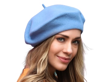 Sky Blue Wool Beret: French Style Knit Hat