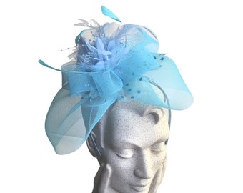 Women's Turquoise Fascinator Headpiece, Special Occasion Headwear, Wedding Accessory, Tea Party Hat, Cocktail Attire, Flower And Feather Hat