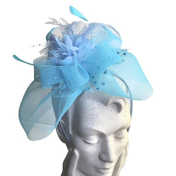 Women's Turquoise Fascinator Headpiece, Special Occasion Headwear, Wedding Accessory, Tea Party Hat, Cocktail Attire, Flower And Feather Hat