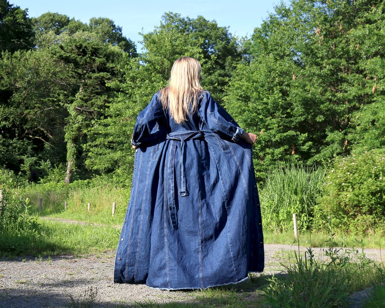 1970s Denim Coat Denim Fashion Fall Denim Jean Coat Large Denim Duster Extra Long Coat Handmade Denim Maxi Coat Frayed Dark Denim