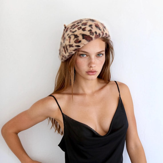 Leopard Beret Hat, Animal Pattern Fur Hat