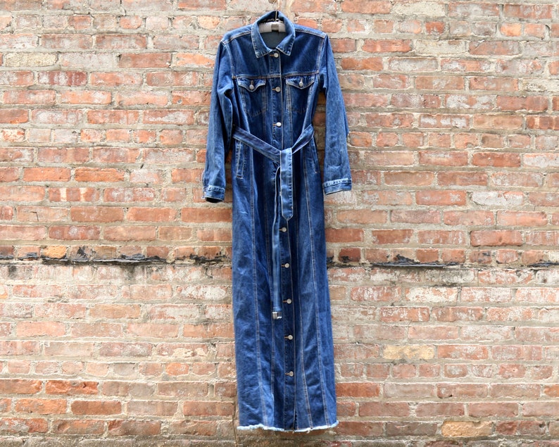 1970s Denim Coat Denim Fashion Fall Denim Jean Coat Large Denim Duster Extra Long Coat Handmade Denim Maxi Coat Frayed Dark Denim