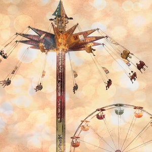 May include: A vintage carnival amusement park with a large, colorful, spinning ride with people in the air and a Ferris wheel in the background.