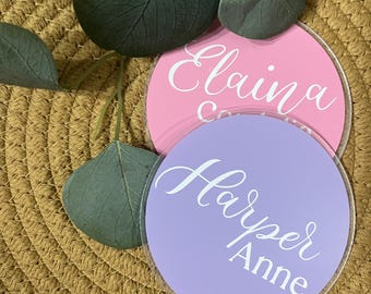 BABY NAME SIGN, personalized, custom name, birth announcement, acrylic vinyl circle, personalized baby gift, hospital name sign, name reveal