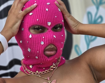 Hot Pink Rhinestone Ski Mask, Baddies Unisex Masks, Pink Knit Balaclava, Bling Hot Girl, Ski Mask Girly, Ski Mask Festival, Photo Props