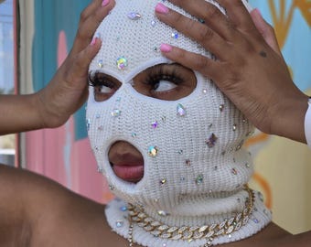 White Rhinestone Ski Mask, Baddies Aesthetic, Knit Ski Mask, Pink Balaclava, Green White Black Red, Unisex Ski Masks, Crystal Bling Hot Girl