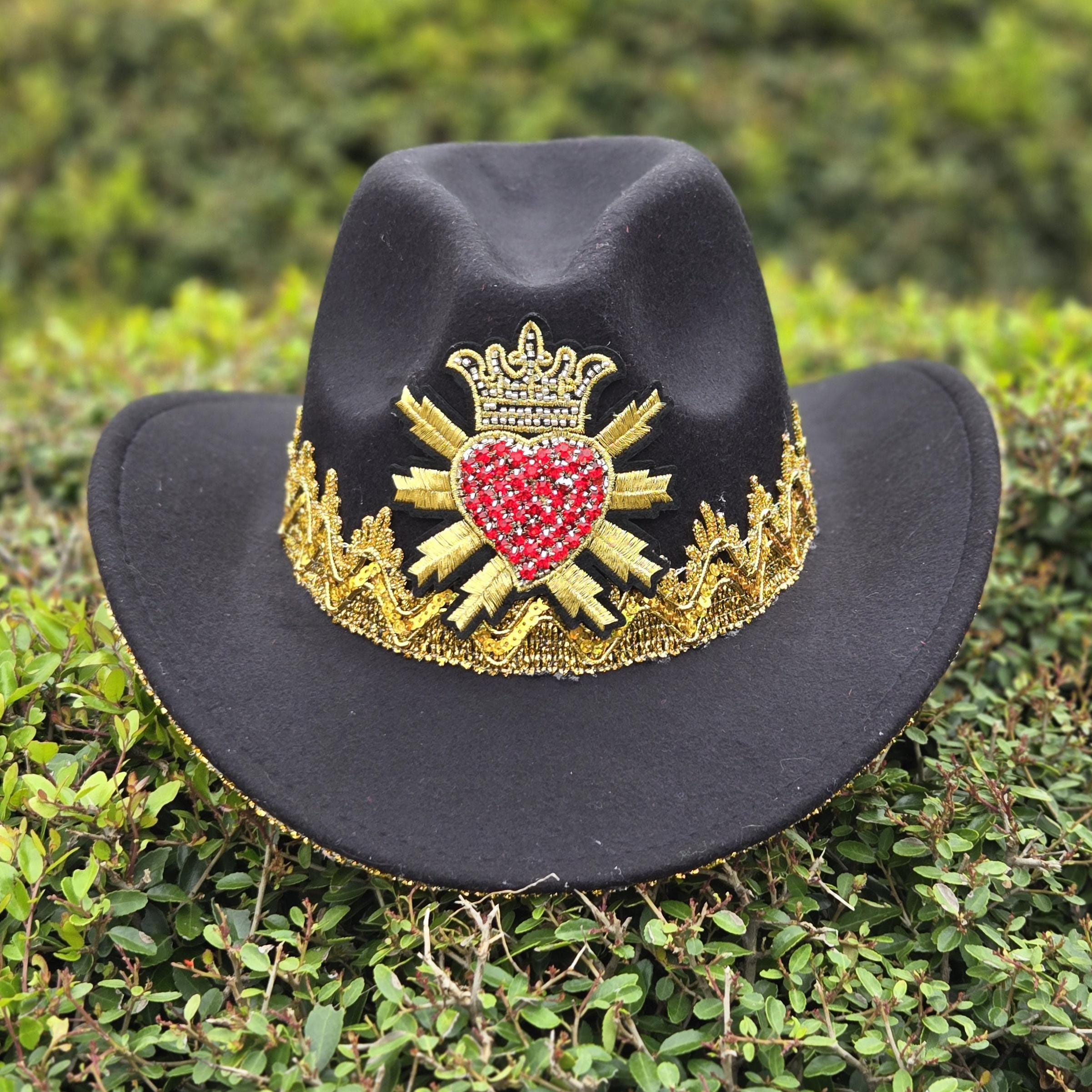 Heart Cowboy Hat, Country and Western Cowboy Hat, Sacred Heart Clothing, Cowboy Hat for Men, Black Hat with Red Heart, Black and Gold Hat