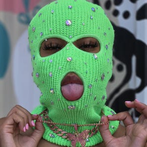 Green Rhinestone Ski Mask, Baddies Aesthetic, Knit Ski Mask, Pink Balaclava, Green White Black Red, Unisex Ski Masks, Crystal Bling Hot Girl