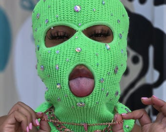 Green Rhinestone Ski Mask, Baddies Aesthetic, Knit Ski Mask, Pink Balaclava, Green White Black Red, Unisex Ski Masks, Crystal Bling Hot Girl