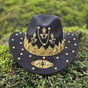 Beyhive Cowboy Hat: Black & Gold Embellished Western Hat, Cowboy Hat With Chains