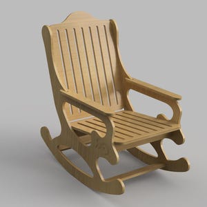 May include: A wooden rocking chair with a slatted back and seat. The chair has a curved design and a footrest.