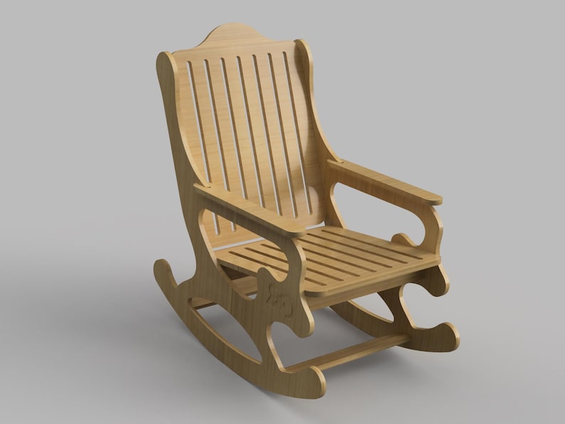May include: A wooden rocking chair with a slatted back and seat. The chair has a curved design and a footrest.