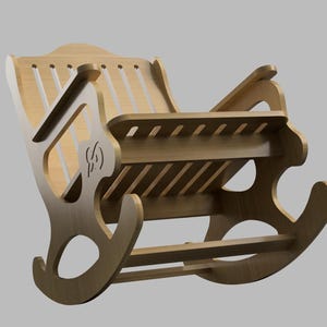 May include: A wooden rocking chair with a slatted back and a curved seat. The chair is made of light brown wood and has a simple, elegant design.