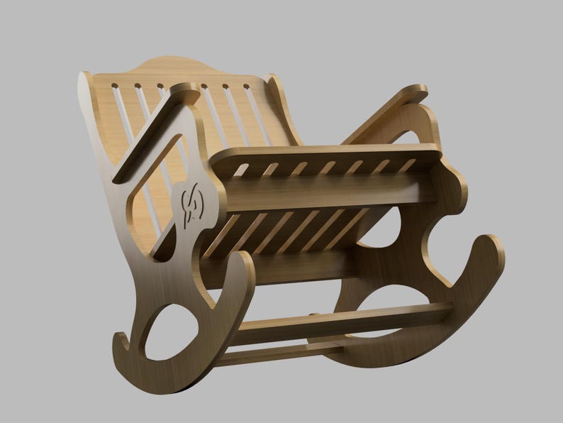 May include: A wooden rocking chair with a slatted back and a curved seat. The chair is made of light brown wood and has a simple, elegant design.