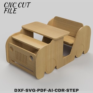 May include: A wooden children's desk and bench set, designed in the shape of a car. The desk has a tabletop and a lower shelf, with a backrest for the bench. The text "CNC CUT FILE" and "DXF-SVG-PDF-AI-CDR-STEP" are visible.