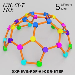 Op de afbeelding: Een 3D-model van een geodetische koepelstructuur, geconstrueerd met oranje staven en kleurrijke knooppunten in blauw, groen, geel, paars en roze. De tekst "CNC CUT FILE" en "5 Different Size" worden weergegeven. De bestandsformaten zijn DXF-SVG-PDF-AI-CDR-STEP.