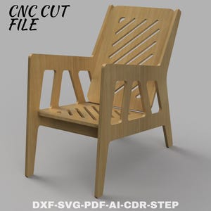 Op de afbeelding: CNC-snijbestand voor een houten stoel met een geometrisch ontwerp. De stoel heeft een hoge rugleuning en een brede zitting. Het ontwerp heeft een aantal diagonale lijnen en uitsparingen.