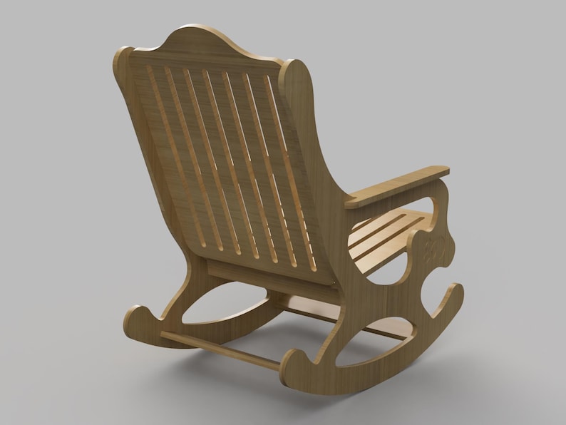 May include: A wooden rocking chair with a slatted back and curved arms. The chair is made of light brown wood and has a natural finish.