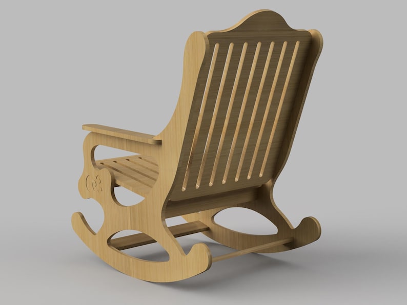 May include: A wooden rocking chair with a slatted back and a curved design. The chair is made of light brown wood and has a simple, classic style.