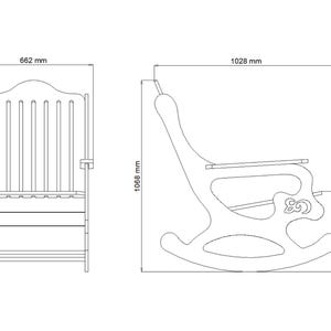 May include: Line drawing of two wooden chairs. The chair on the left is a folding chair with a slatted back and seat. The chair on the right is a rocking chair with a curved back and seat. The chairs are labeled with their dimensions in millimeters.