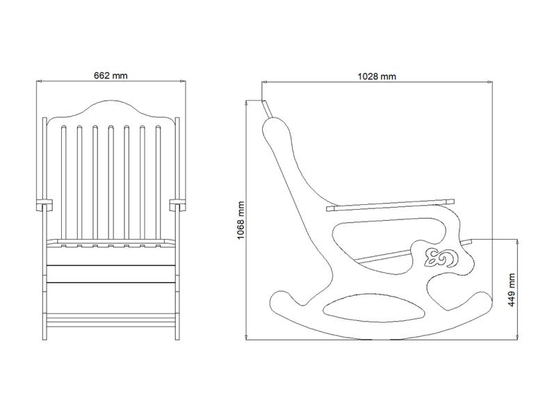 May include: Line drawing of two wooden chairs. The chair on the left is a folding chair with a slatted back and seat. The chair on the right is a rocking chair with a curved back and seat. The chairs are labeled with their dimensions in millimeters.