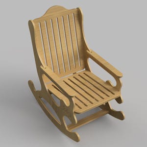May include: A wooden rocking chair with a slatted back and seat. The chair has a curved design and is made of natural wood.
