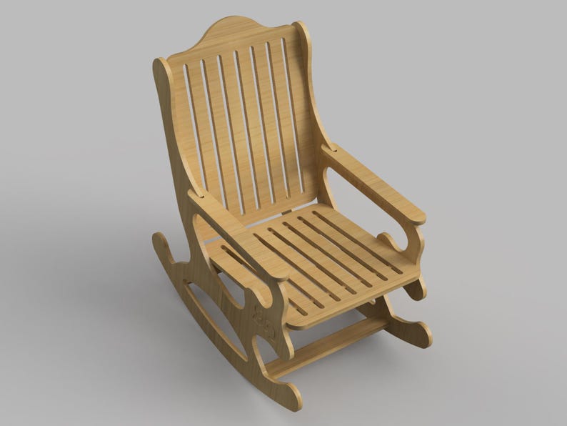 May include: A wooden rocking chair with a slatted back and seat. The chair has a curved design and is made of natural wood.