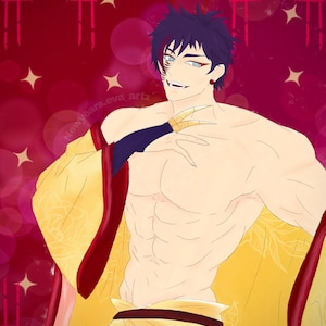 May include: Digital illustration of a muscular character with dark purple hair and light blue eyes. The character wears a yellow and red kimono with gold accents. The background is a gradient of red with stars and bokeh.
