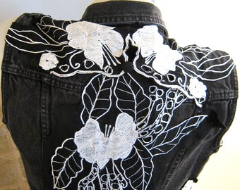 Black Denim Boho Hippie Vest Floral Embroidery Appliqued Gypsy Festival Rave