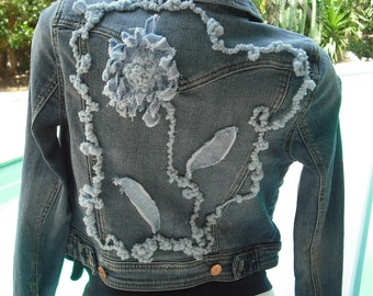 Embellished Boho Hippie Cowgirl Distressed Denim Jacket with Flower Applique and Detailing