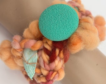 Wearable Fiber Art Bracelet Jewelry OOAK Hand-spun Wool, Beads Shells Button