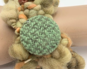 Wearable Fiber Art Bracelet OOAK Hand Spun Wool Stone Beads Vintage Button