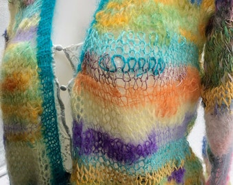 Rainbow Multicolored Hand Knit Mohair Cardigan Sweater OOAK