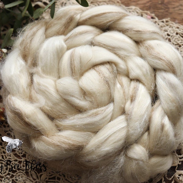 TURRON Merino Wool Roving, Tussah Silk, Flax Undyed Combed Top Blend Wool for Spinning, Felting, Dyeing, Blending - 4 oz