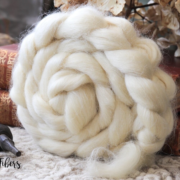 WENSLEYDALE Wool Roving Combed Top Natural White Ecru Spinning Dyeing Felting Wool - 4 oz