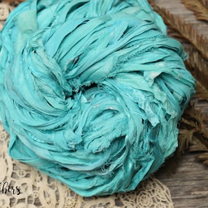Mayan Blue Sari Silk Ribbon: Recycled Art Yarn, Knitting, Crochet - 5/10 Yards