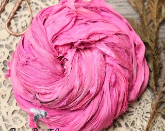 PINK CARNATION Sari Silk Ribbon, Fair Trade, Recycled, Handmade Yarn, Frayed Yarn, Art Yarn, Knitting, Crocheting, Weaving - 5 or 10 yards