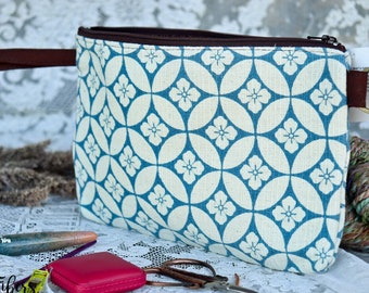 Indigo Cotton Project Bag: Handmade Zippered Pouch with Wristlet
