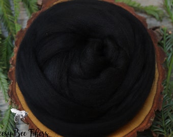 BLACK - Merino wool roving combed top, spinning, nuno felting, weaving - 2 oz