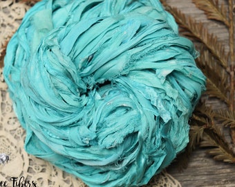 MAYAN BLUE Sari Silk Ribbon, Fair Trade, Recycled, Handmade Yarn, Frayed Yarn, Art Yarn, Knitting, Crocheting, Weaving - 5 or 10 yards