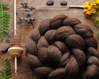 NATURAL BROWN MERINO  Undyed Merino Wool Roving Combed Top for Spinning, Felting fiber - 4 oz