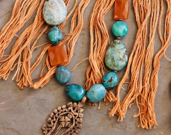 OOAK Handmade Turquoise and Carnelian Necklace with Ethiopian Cross Pendant - A Prayer Woven in Stone