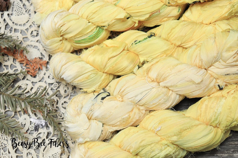 DAFFODIL Sari Silk Ribbon, Fair Trade, Recycled, Handmade Yarn, Frayed Yarn, Art Yarn, Knitting, Crocheting, Weaving 5 or 10 yards image 6