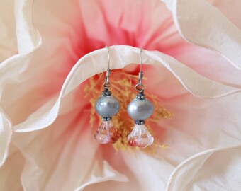 Handmade Freshwater Pearl Earrings: Czech Glass Flower, Sterling Silver