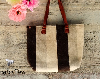 Handmade Wool Tote: Zippered Project Bag with Leather Handles